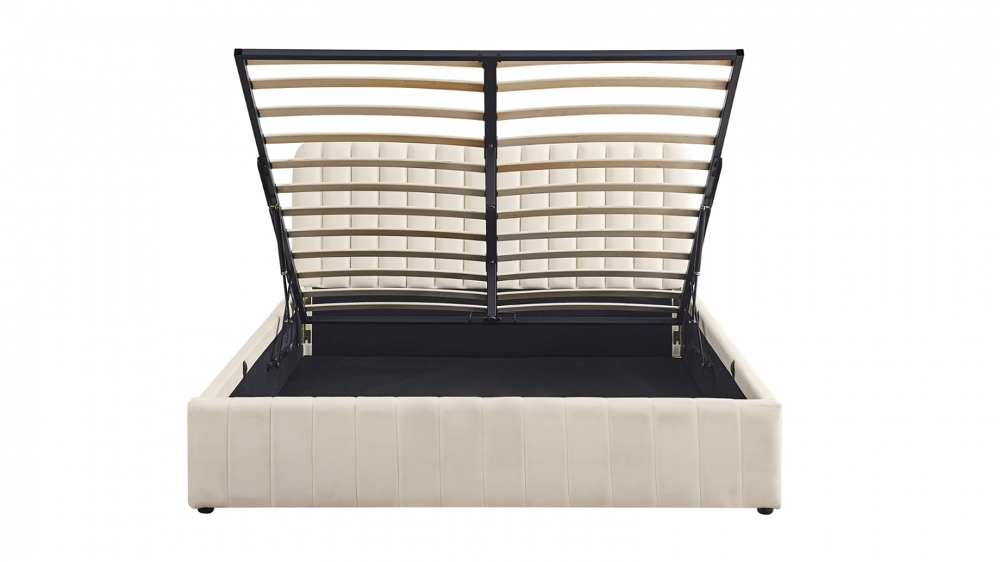 Ensemble Lit coffre adulte 140x190cm avec tête de lit en velours beige - Ava + Matelas mémoire de forme - Dual Confort Ensemble Lit coffre adulte 140x190cm avec tête de lit en velours beige - Ava + Matelas mémoire de forme - Dual Confort