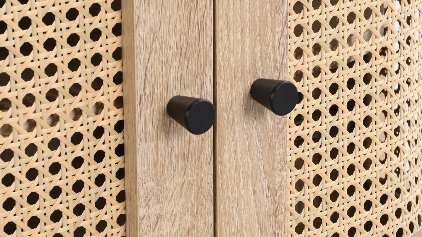 Lot de 2 tables de chevet 2 portes couleur chêne et cannage 40 cm - Bali Lot de 2 tables de chevet 2 portes couleur chêne et cannage 40 cm - Bali