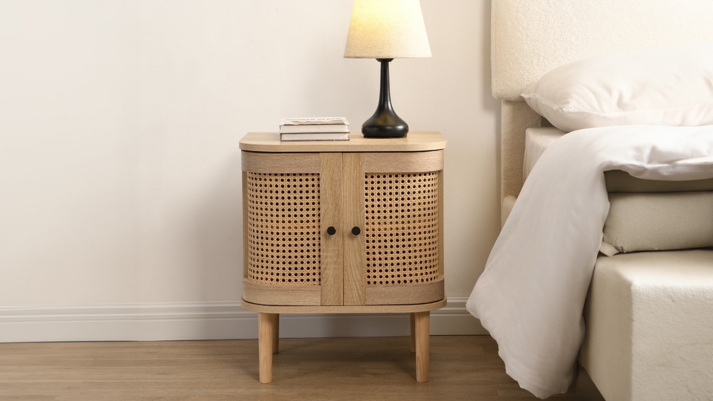 Ensemble Lit adulte 180x200 cm en velours côtelé vert kaki avec tête de lit en cannage Dalia + lot de 2 chevets Bali Ensemble Lit adulte 180x200 cm en velours côtelé vert kaki avec tête de lit en cannage Dalia + lot de 2 chevets Bali