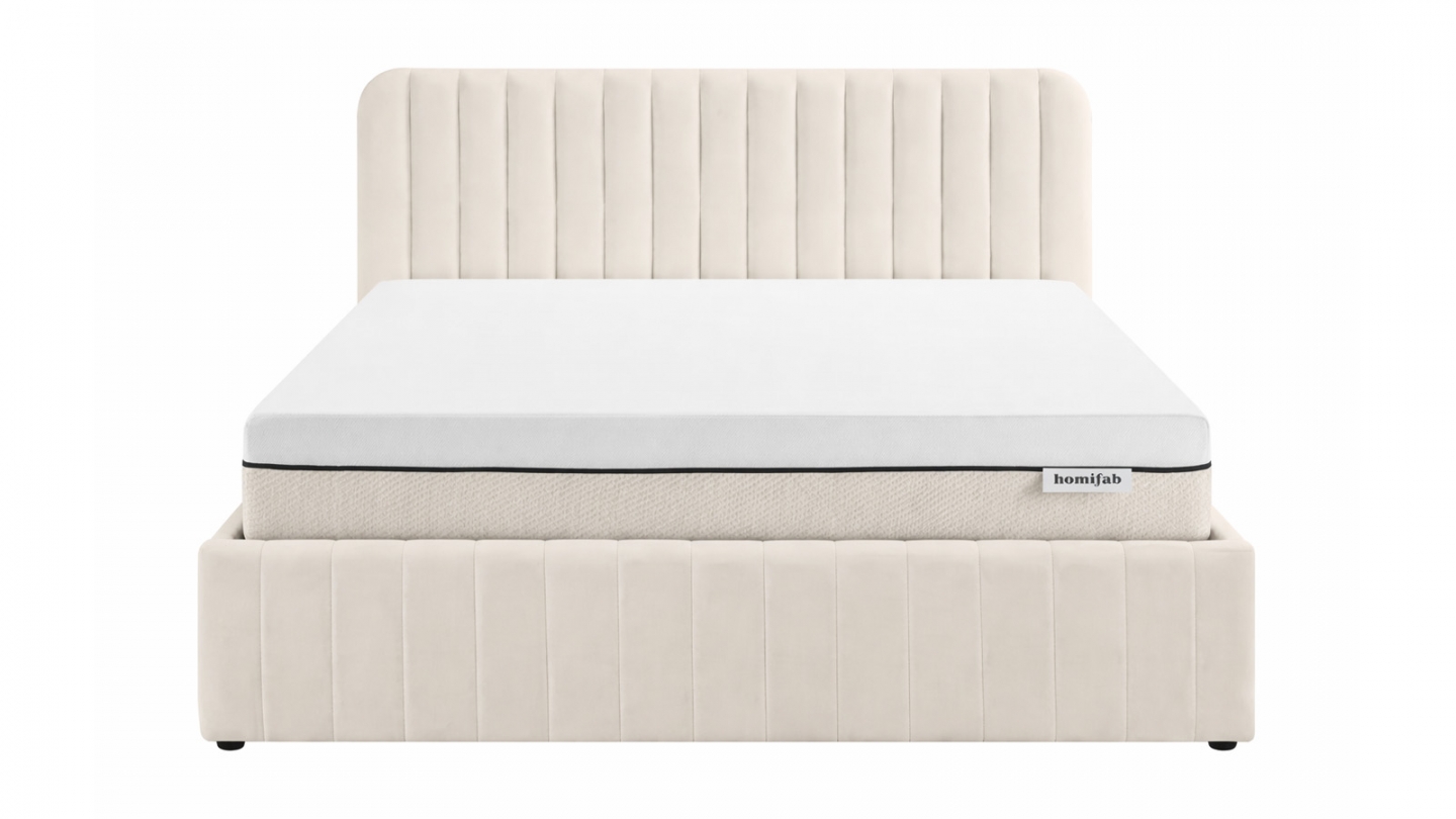 Ensemble Lit coffre adulte 160x200cm avec tête de lit en velours beige - Ava + Matelas ressorts ensachés - Spring Elite Ensemble Lit coffre adulte 160x200cm avec tête de lit en velours beige - Ava + Matelas ressorts ensachés - Spring Elite