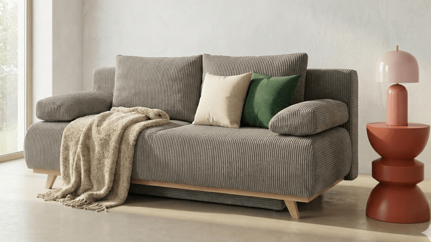 Canapé convertible 3 places avec coffre de rangement en velours côtelé taupe - Laria New Canapé convertible 3 places avec coffre de rangement en velours côtelé taupe - Laria New