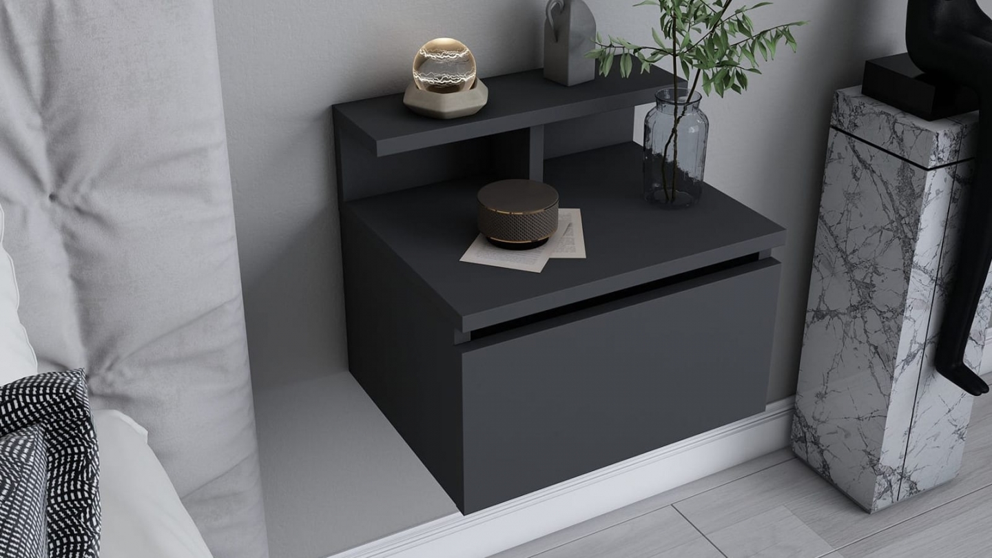 Table de chevet suspendue 1 porte gris anthracite 40 cm - Mara Table de chevet suspendue 1 porte gris anthracite 40 cm - Mara