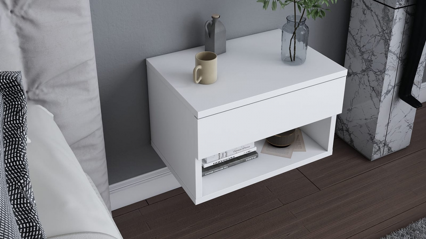 Table de chevet suspendue 1 troir 1 niche blanche 45 cm - Cosenza Table de chevet suspendue 1 troir 1 niche blanche 45 cm - Cosenza