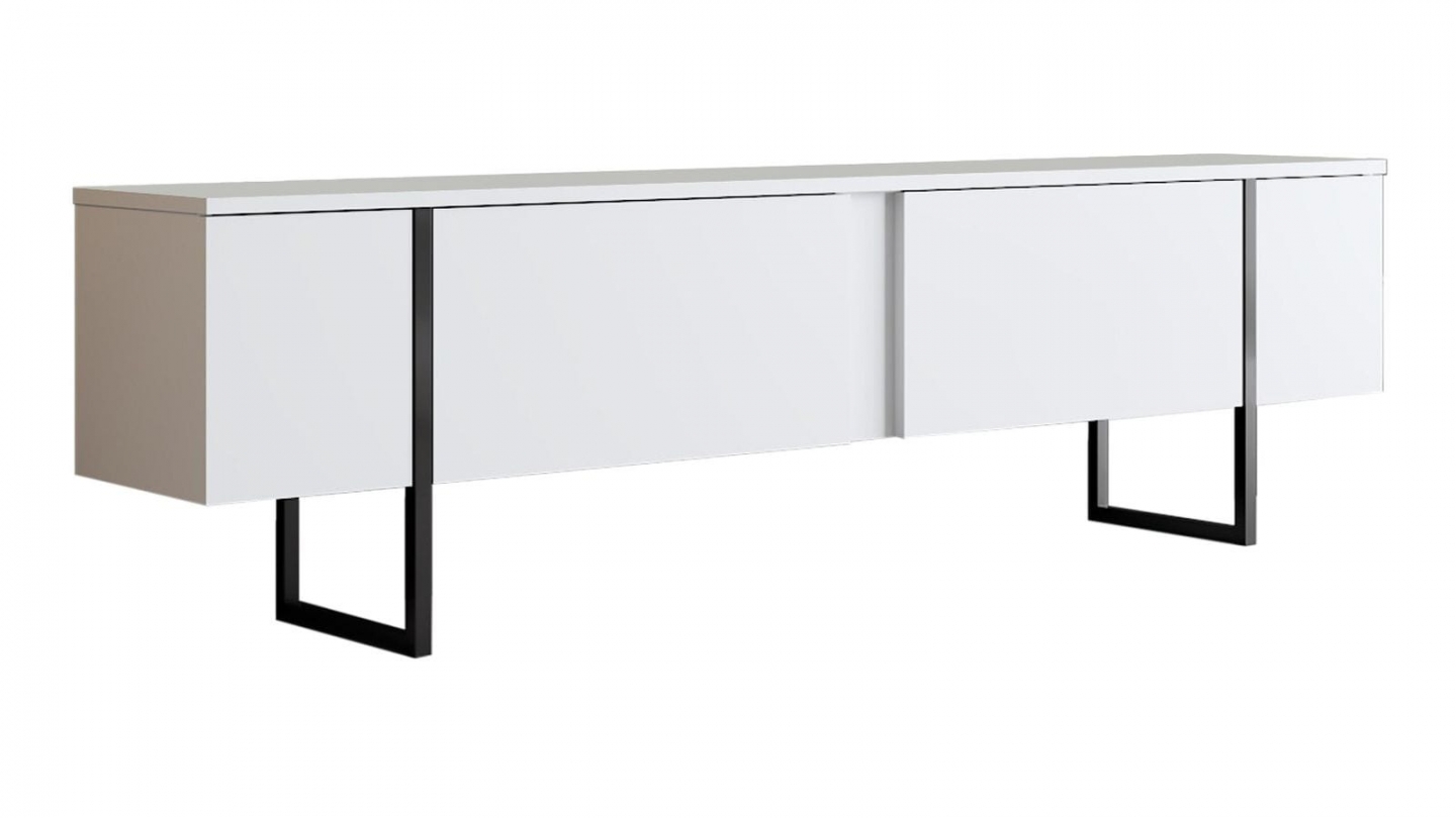 Meuble TV 2 portes blanc, piètement noir 180 cm - Celia Meuble TV 2 portes blanc, piètement noir 180 cm - Celia