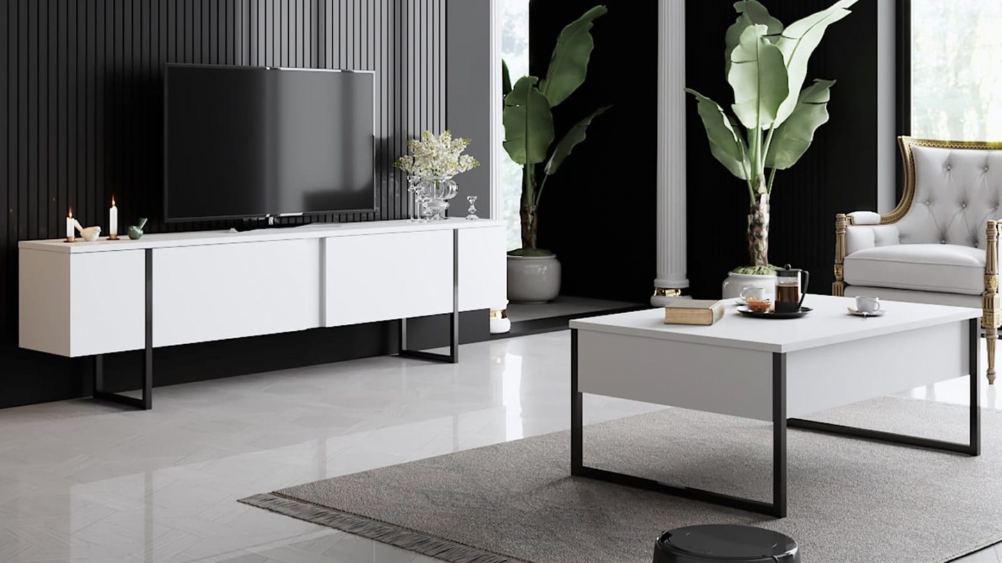 Meuble TV 2 portes blanc, piètement noir 180 cm - Celia Meuble TV 2 portes blanc, piètement noir 180 cm - Celia