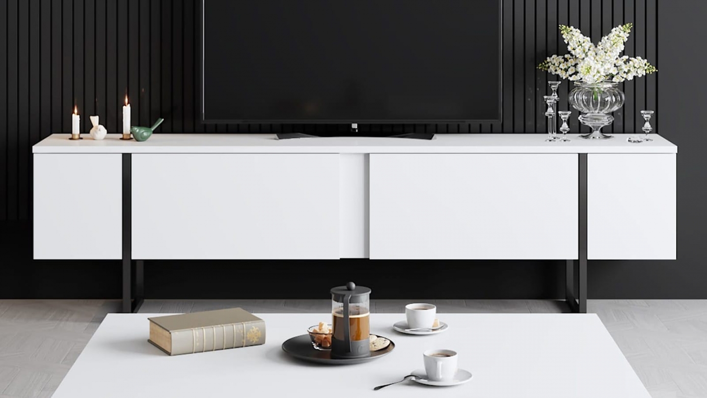 Meuble TV 2 portes blanc, piètement noir 180 cm - Celia Meuble TV 2 portes blanc, piètement noir 180 cm - Celia