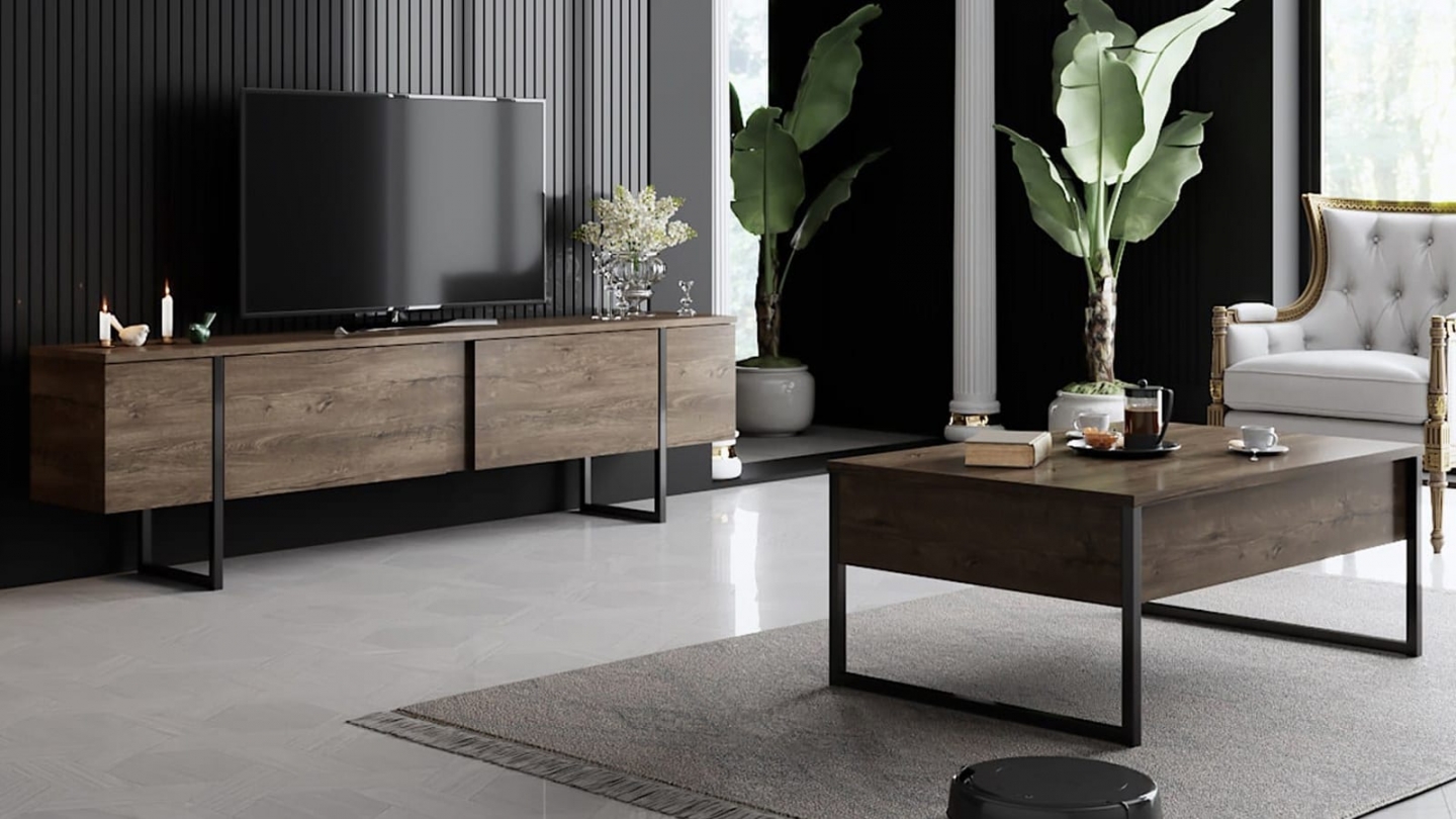 Meuble TV 2 portes effet Noyer, piètement noir 180 cm - Celia Meuble TV 2 portes effet Noyer, piètement noir 180 cm - Celia