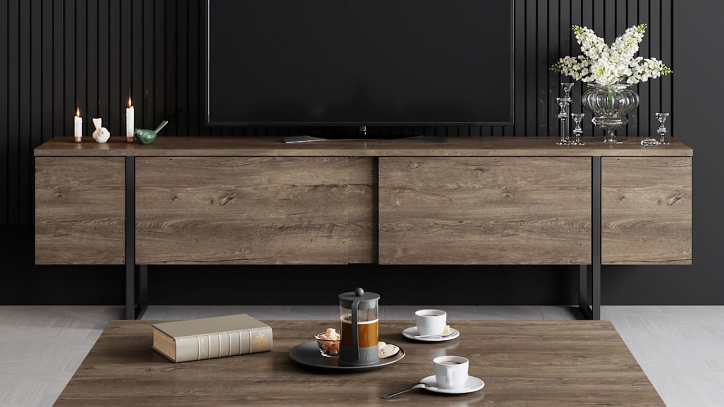 Meuble TV 2 portes effet Noyer, piètement noir 180 cm - Celia Meuble TV 2 portes effet Noyer, piètement noir 180 cm - Celia