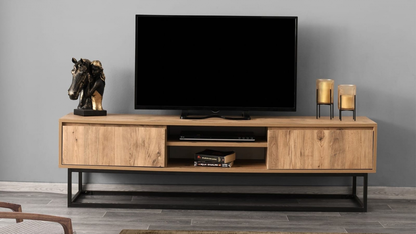 Meuble TV 2 tiroirs 2 niches effet bois 180 cm - Parma Meuble TV 2 tiroirs 2 niches effet bois 180 cm - Parma