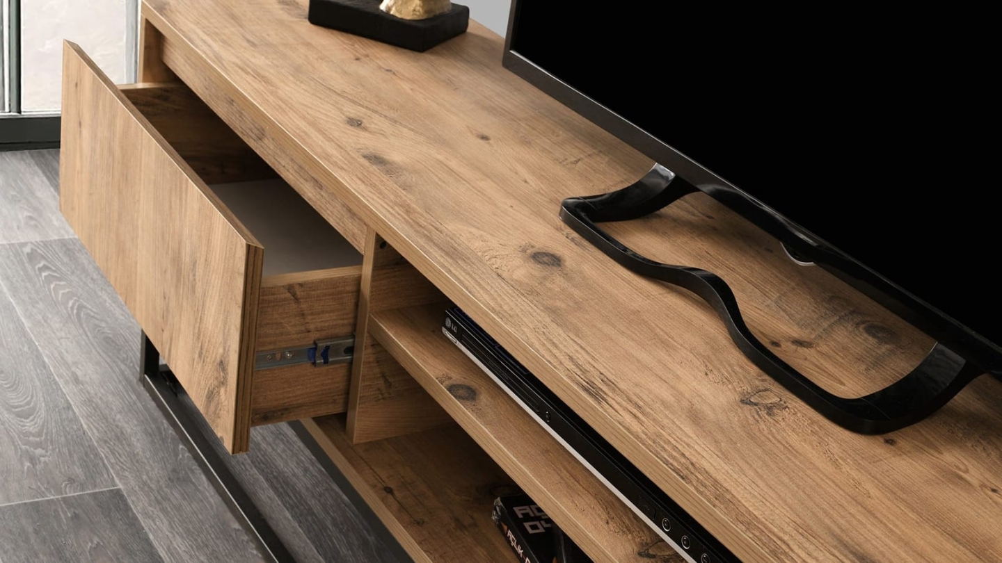 Meuble TV 2 tiroirs 2 niches effet bois 180 cm - Parma Meuble TV 2 tiroirs 2 niches effet bois 180 cm - Parma