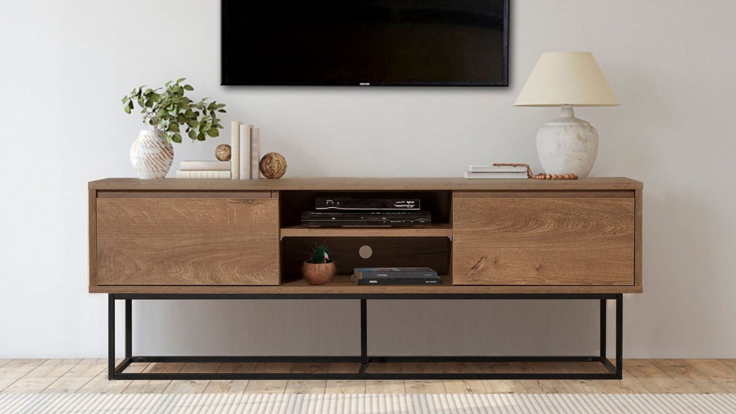 Meuble TV 2 tiroirs 2 niches effet noyer 140 cm - Nerio Meuble TV 2 tiroirs 2 niches effet noyer 140 cm - Nerio