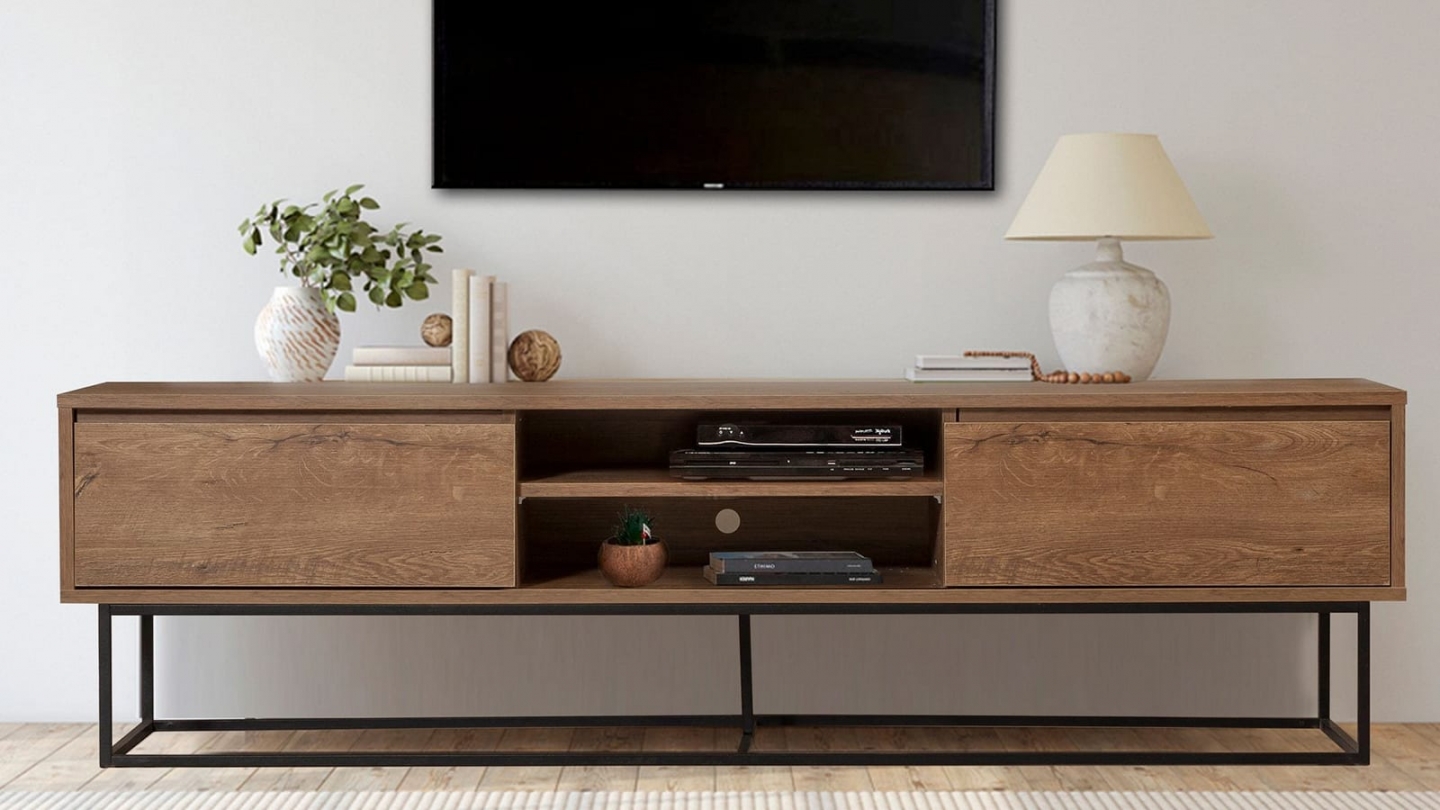 Meuble TV 2 tiroirs 2 niches effet noyer 180 cm - Nerio Meuble TV 2 tiroirs 2 niches effet noyer 180 cm - Nerio