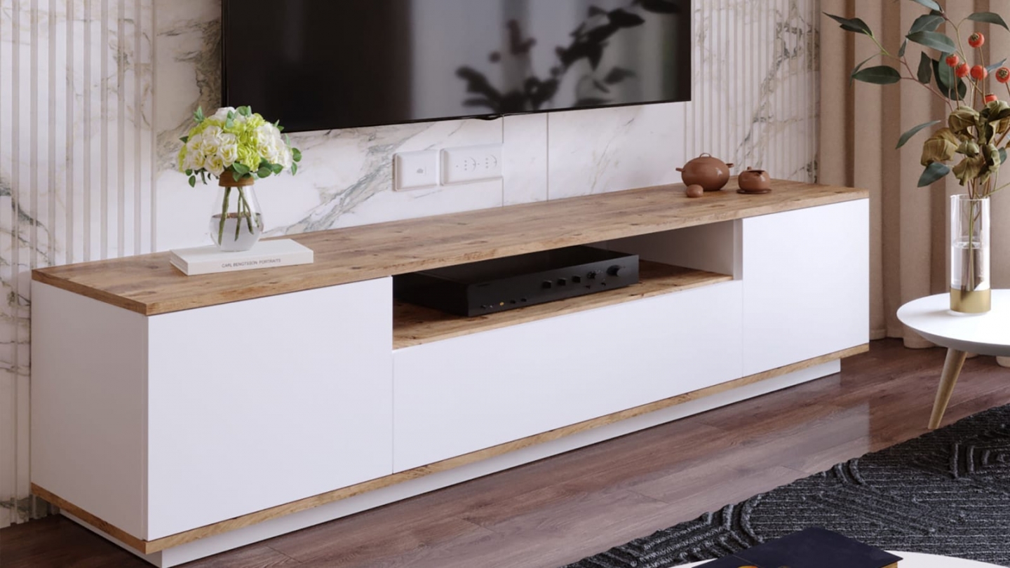 Meuble TV 3 portes blanc & effet bois 180 cm - Ravia Meuble TV 3 portes blanc & effet bois 180 cm - Ravia