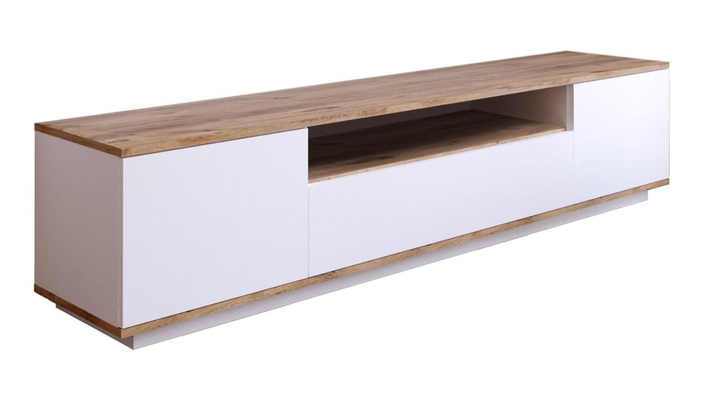 Meuble TV 3 portes blanc & effet bois 180 cm - Ravia Meuble TV 3 portes blanc & effet bois 180 cm - Ravia