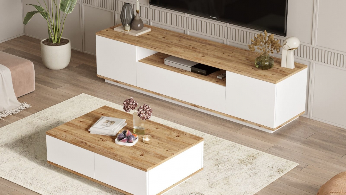 Ensemble meuble TV et table basse blanc & effet bois - Ravia Ensemble meuble TV et table basse blanc & effet bois - Ravia