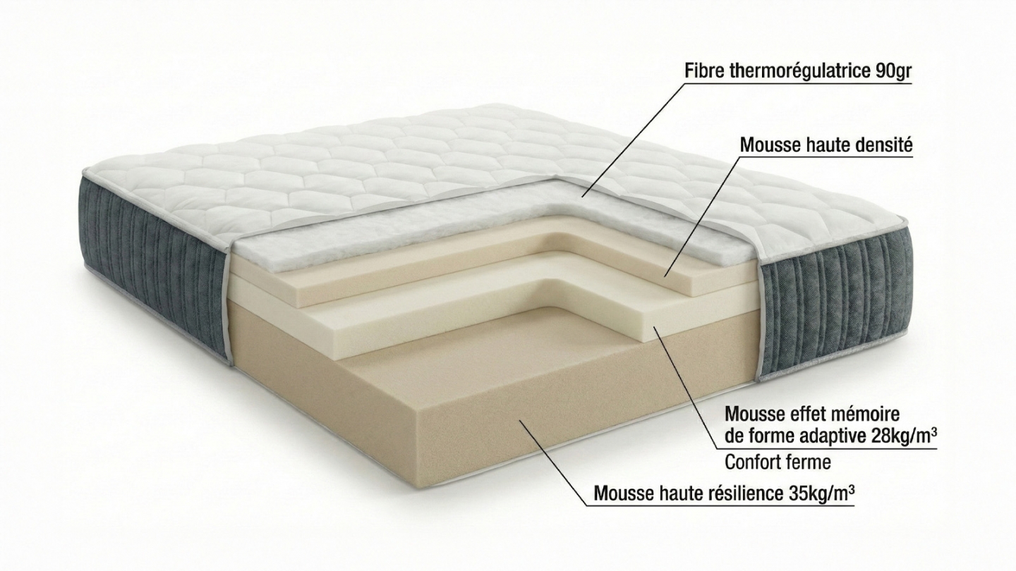 Matelas mémoire de forme 180x200 - Mousse ergonomique, mousse HR 35kg et mousse à effet mémoire de forme - Memo Prestige Matelas mémoire de forme 180x200 - Mousse ergonomique, mousse HR 35kg et mousse à effet mémoire de forme - Memo Prestige