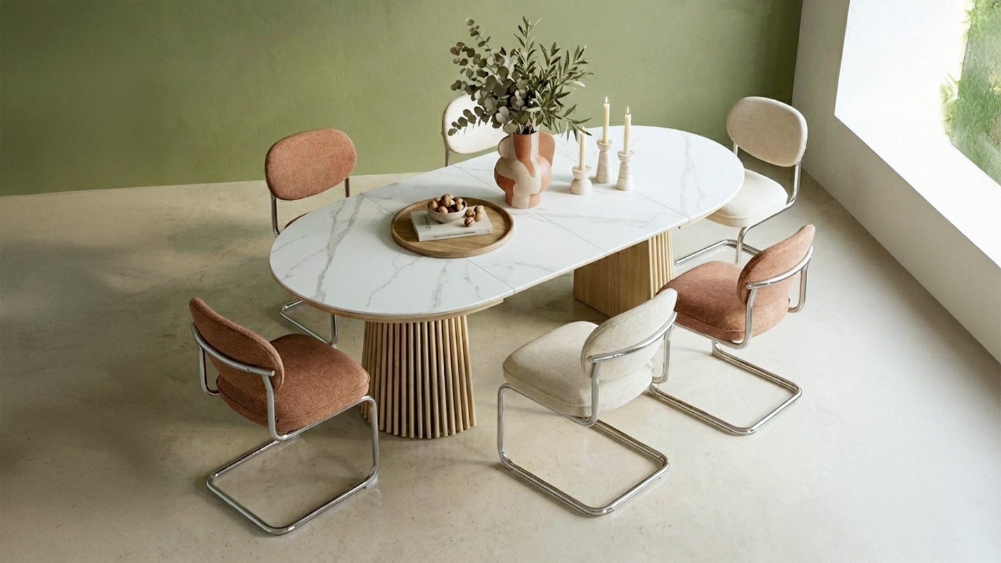 Table à manger ronde extensible plateau en céramique effet marbre et piètement bois clair 4 à 8 pers. 120/200 cm - Ada Table à manger ronde extensible plateau en céramique effet marbre et piètement bois clair 4 à 8 pers. 120/200 cm - Ada