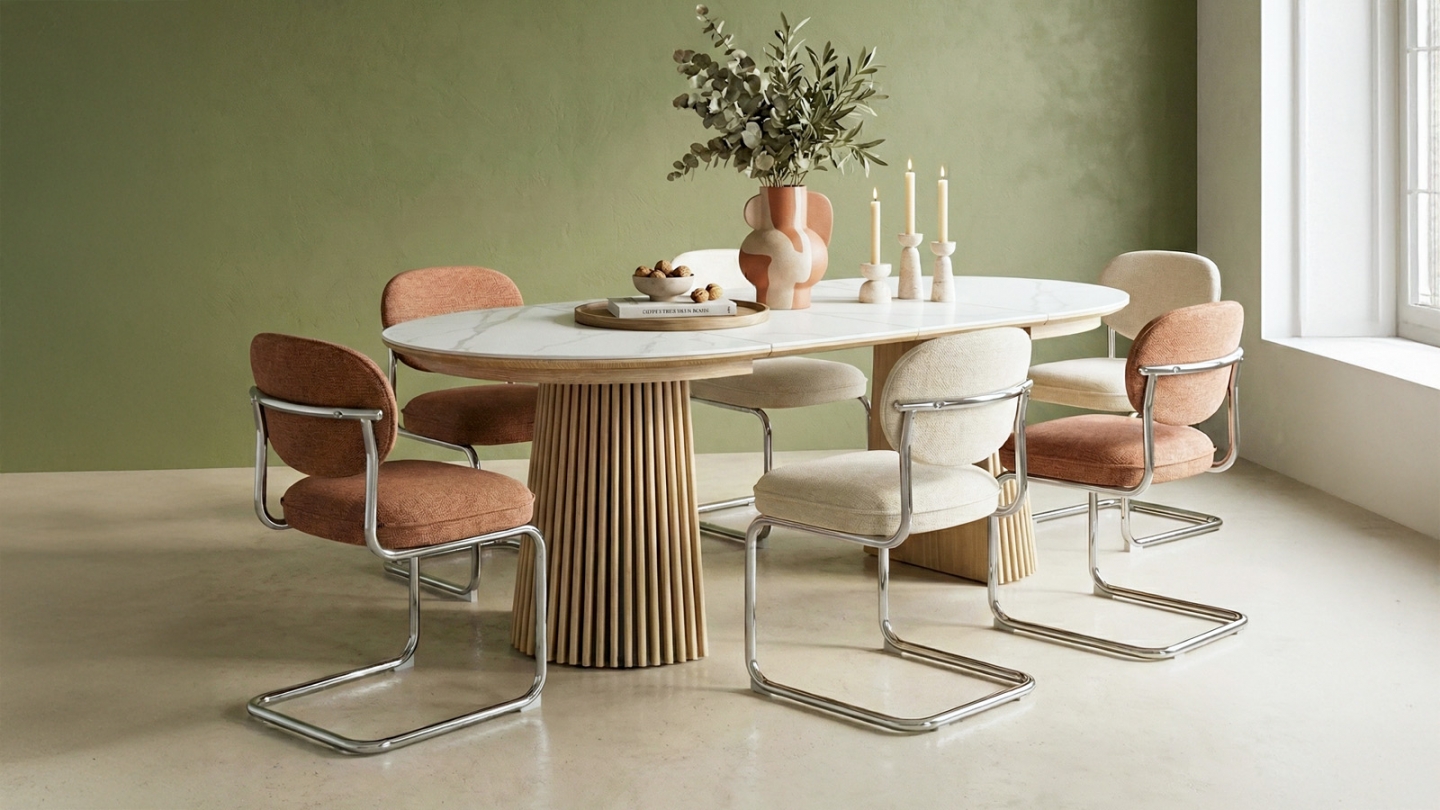 Table à manger ronde extensible plateau en céramique effet marbre et piètement bois clair 4 à 8 pers. 120/200 cm - Ada Table à manger ronde extensible plateau en céramique effet marbre et piètement bois clair 4 à 8 pers. 120/200 cm - Ada