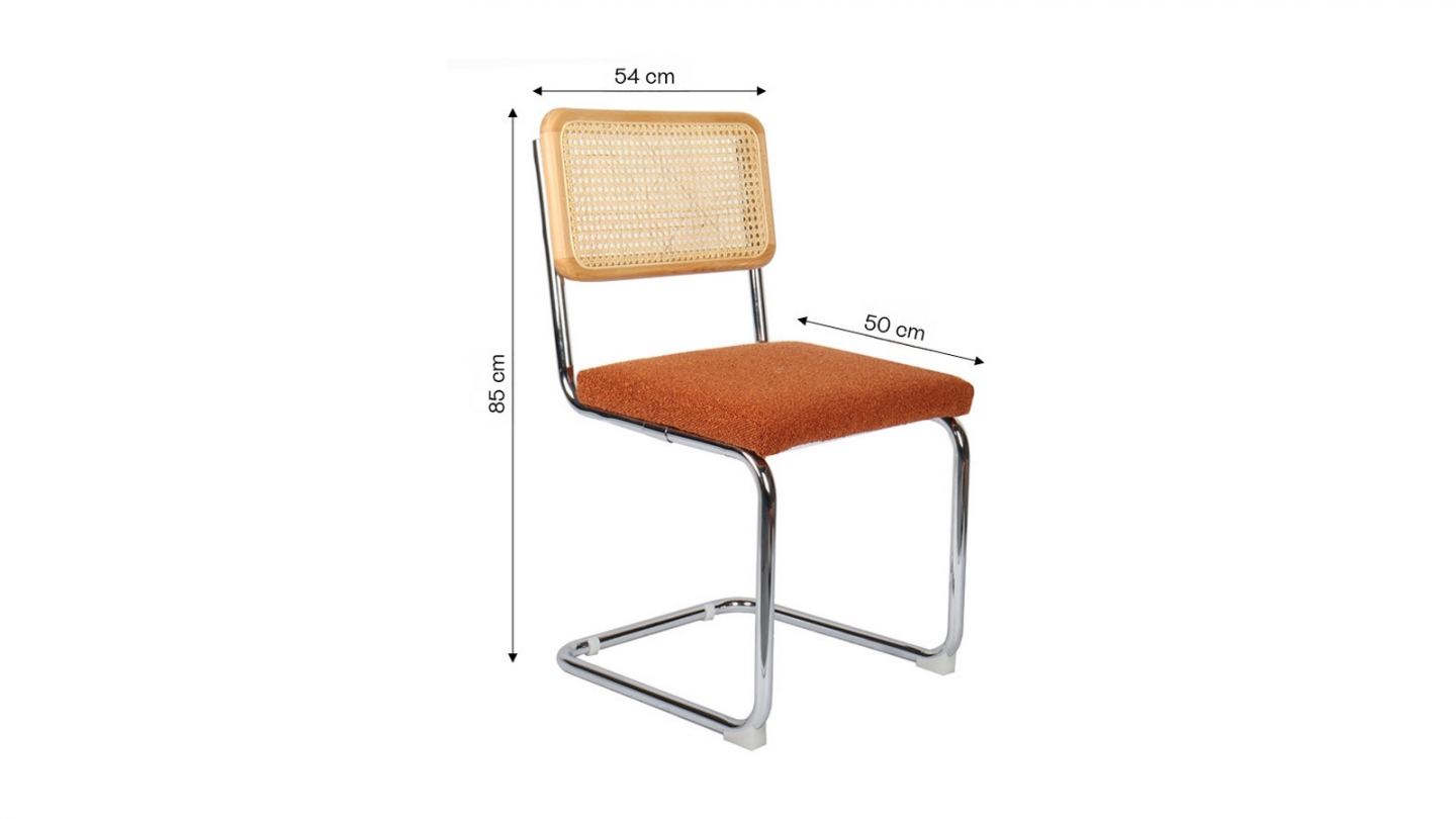 Lot de 2 chaises en cannage, tissu bouclé rouille et métal chromé - Muse Lot de 2 chaises en cannage, tissu bouclé rouille et métal chromé - Muse