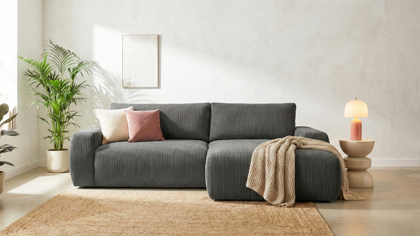 Canapé d'angle droit convertible 3 places en velours côtelé gris anthracite - Sonny Canapé d'angle droit convertible 3 places en velours côtelé gris anthracite - Sonny