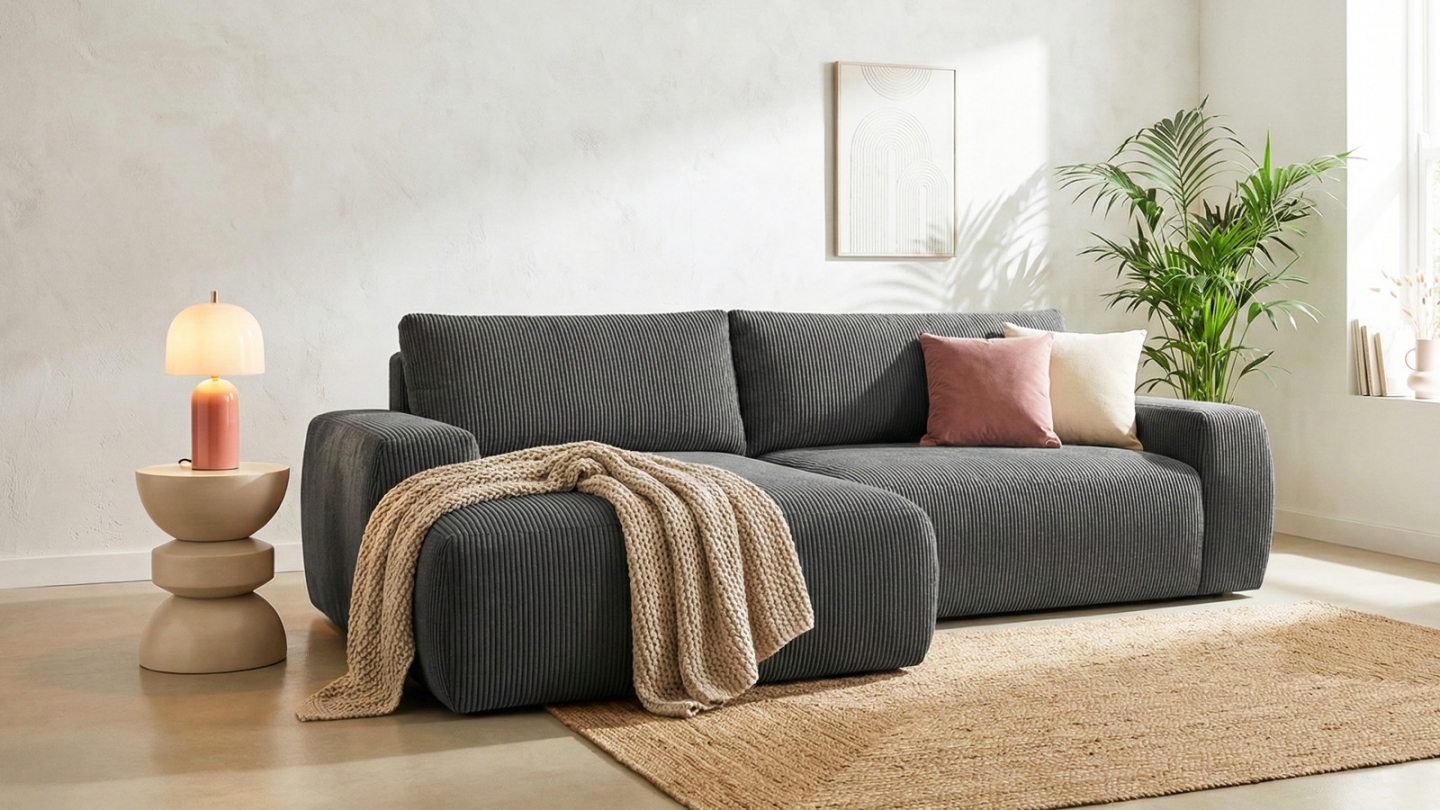 Canapé d'angle gauche convertible 3 places en velours côtelé gris anthracite - Sonny Canapé d'angle gauche convertible 3 places en velours côtelé gris anthracite - Sonny