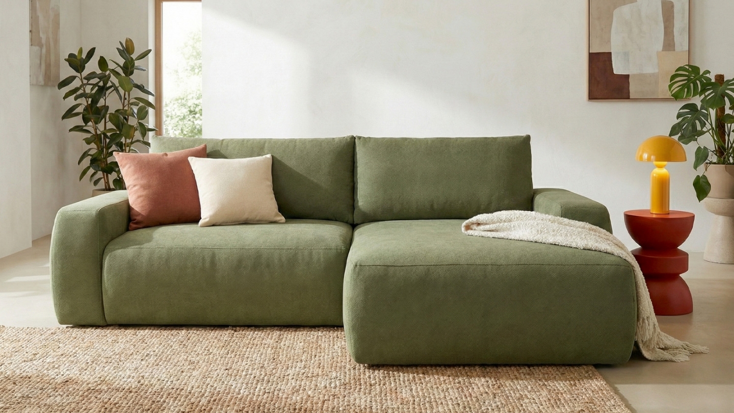 Canapé d'angle droit convertible 3 places en tissu chenille vert olive - Sonny Canapé d'angle droit convertible 3 places en tissu chenille vert olive - Sonny