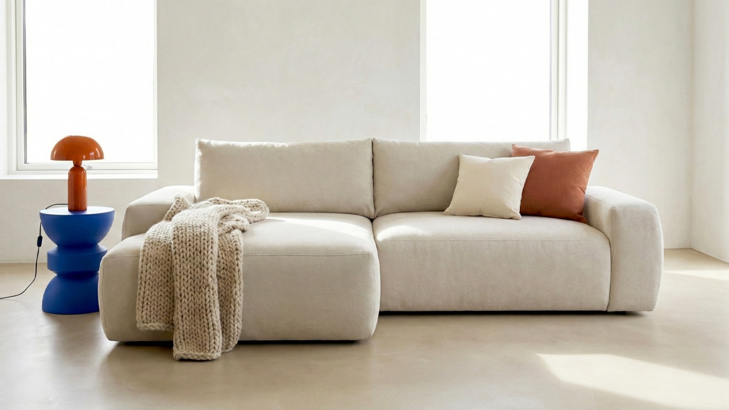 Canapé d'angle gauche convertible 3 places en tissu chenille beige - Sonny Canapé d'angle gauche convertible 3 places en tissu chenille beige - Sonny