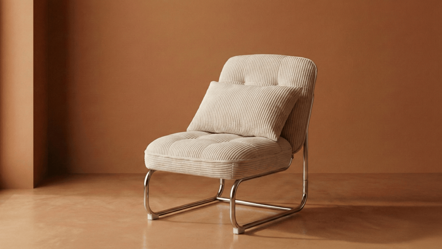 Fauteuil en velours côtelé beige, piètement chromé - Marvin Fauteuil en velours côtelé beige, piètement chromé - Marvin