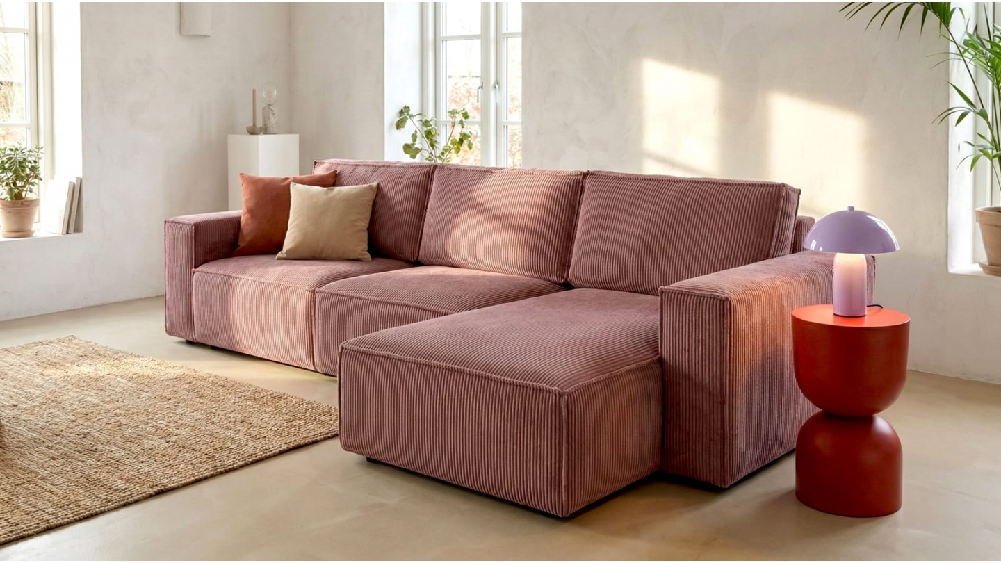 Canapé d'angle convertible réversible 5 places avec coffre de rangement en velours côtelé Terracotta - Harper Canapé d'angle convertible réversible 5 places avec coffre de rangement en velours côtelé Terracotta - Harper