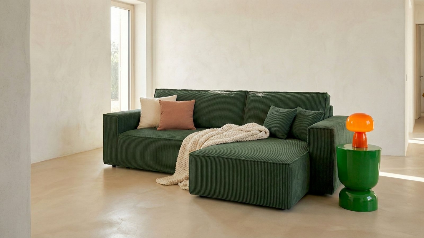 Canapé d'angle convertible réversible 4 places avec coffre de rangement en velours côtelé vert foncé - Livia Canapé d'angle convertible réversible 4 places avec coffre de rangement en velours côtelé vert foncé - Livia