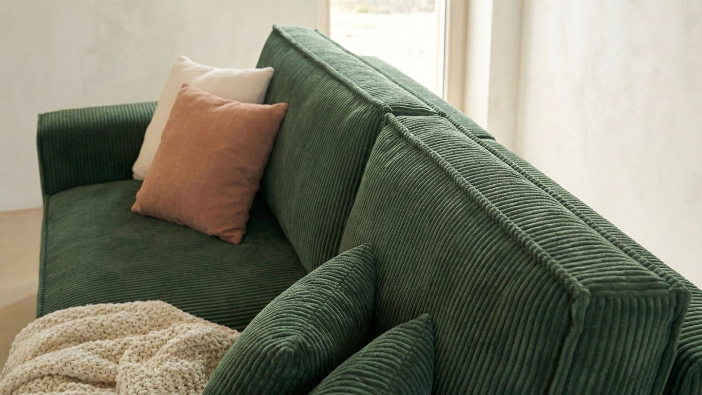 Canapé d'angle convertible réversible 4 places avec coffre de rangement en velours côtelé vert foncé - Livia Canapé d'angle convertible réversible 4 places avec coffre de rangement en velours côtelé vert foncé - Livia