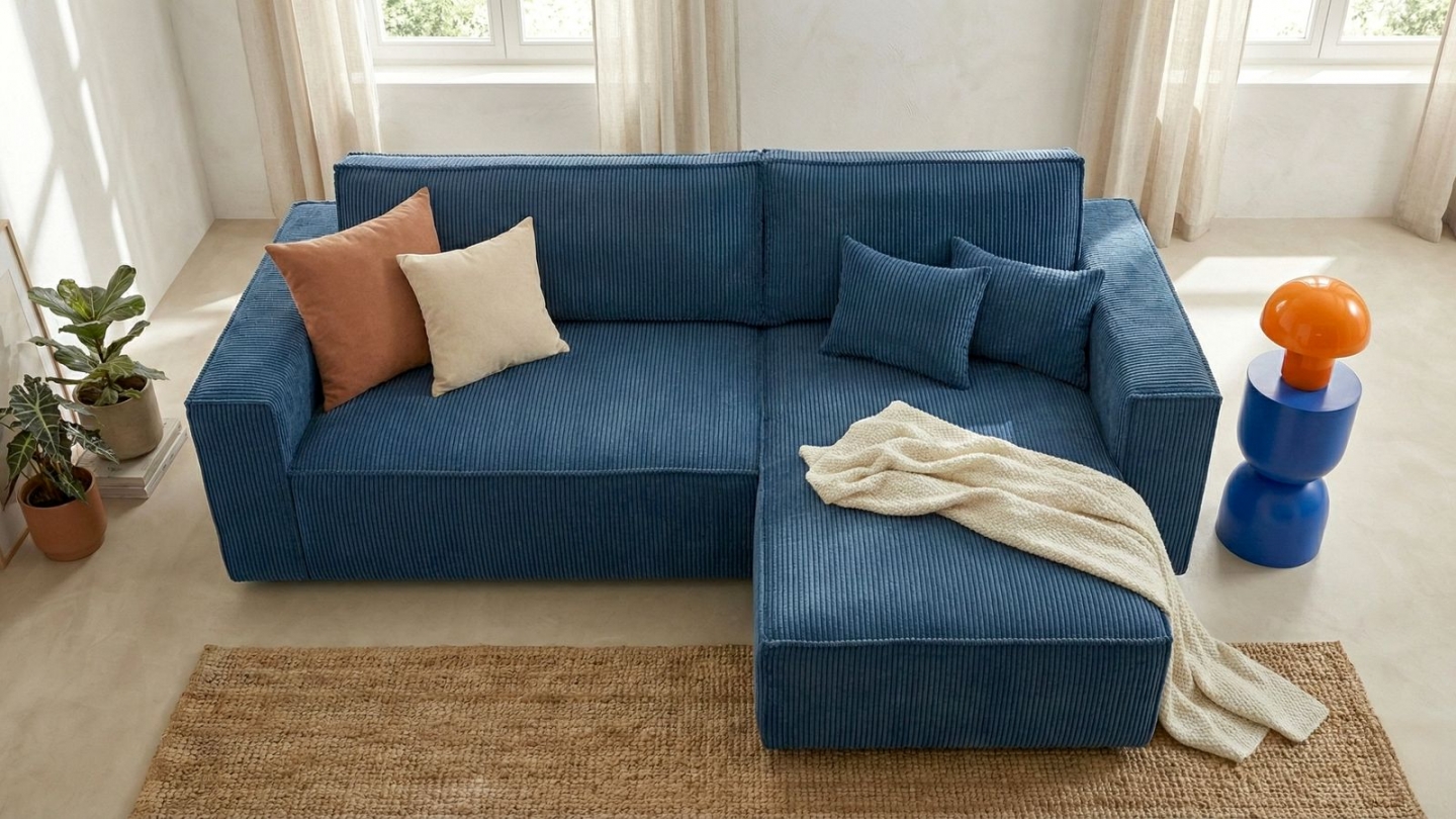 Canapé d'angle convertible réversible 4 places en velours gros côtelé bleu - Livia Canapé d'angle convertible réversible 4 places en velours gros côtelé bleu - Livia