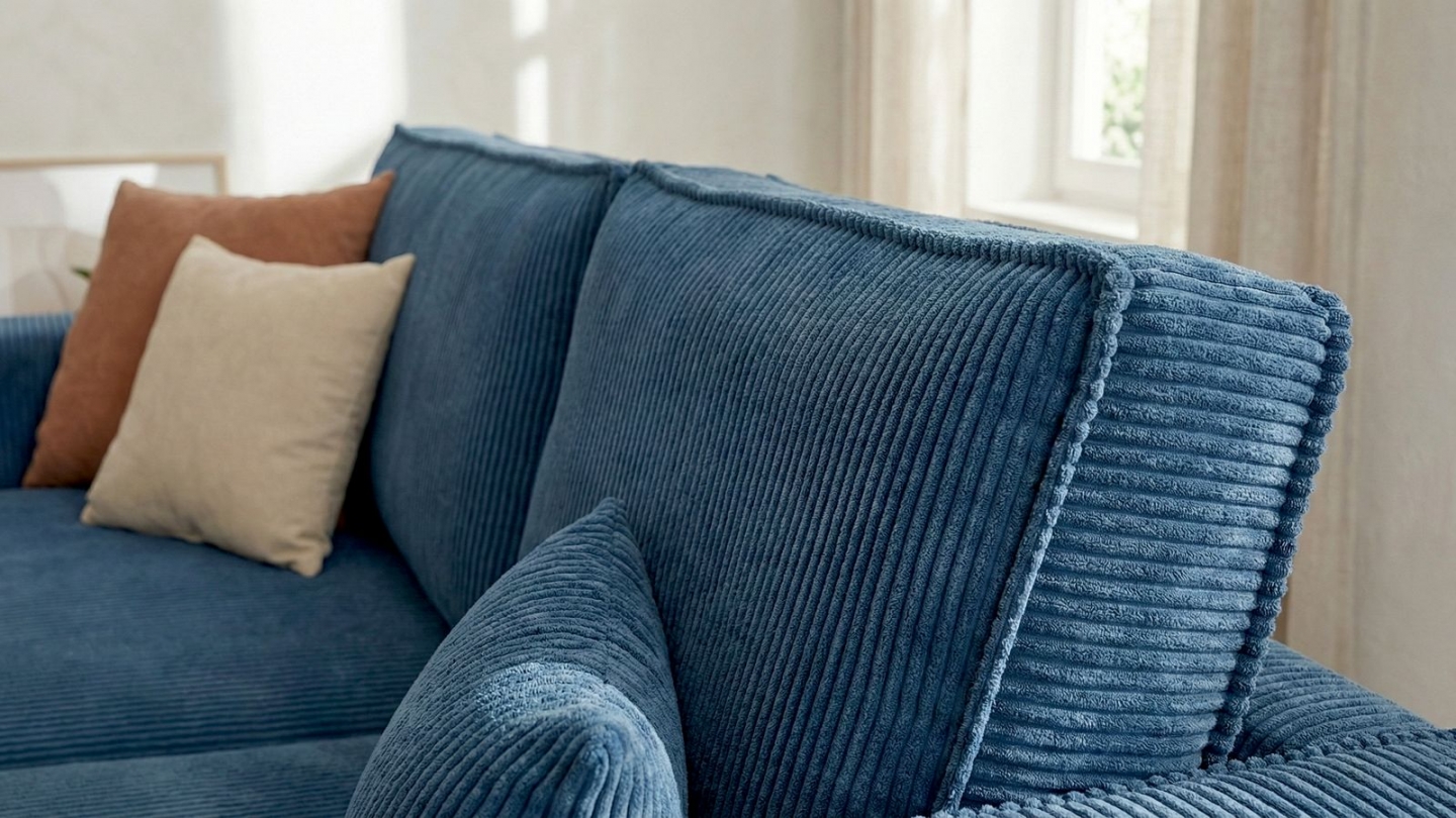 Canapé d'angle convertible réversible 4 places en velours gros côtelé bleu - Livia Canapé d'angle convertible réversible 4 places en velours gros côtelé bleu - Livia