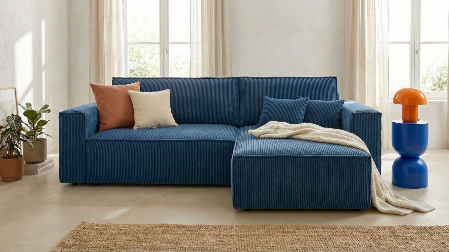 Canapé d'angle convertible réversible 4 places en velours gros côtelé bleu - Livia Canapé d'angle convertible réversible 4 places en velours gros côtelé bleu - Livia