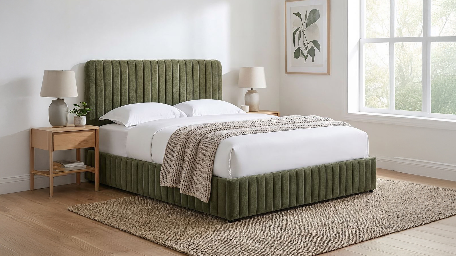 Lit coffre adulte 180x200 cm avec tête de lit capitonnée en tissu chenille vert kaki - Alto