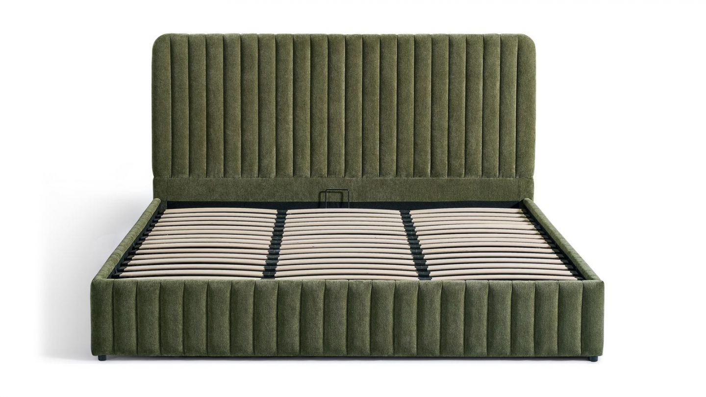 Lit coffre adulte 180x200 cm avec tête de lit capitonnée en tissu chenille vert kaki - Alto Lit coffre adulte 180x200 cm avec tête de lit capitonnée en tissu chenille vert kaki - Alto
