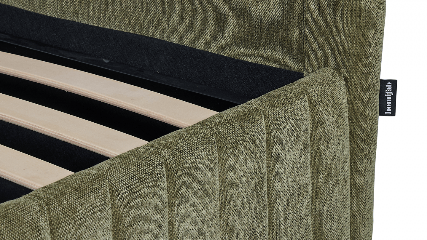 Lit coffre adulte 180x200 cm avec tête de lit capitonnée en tissu chenille vert kaki - Alto Lit coffre adulte 180x200 cm avec tête de lit capitonnée en tissu chenille vert kaki - Alto