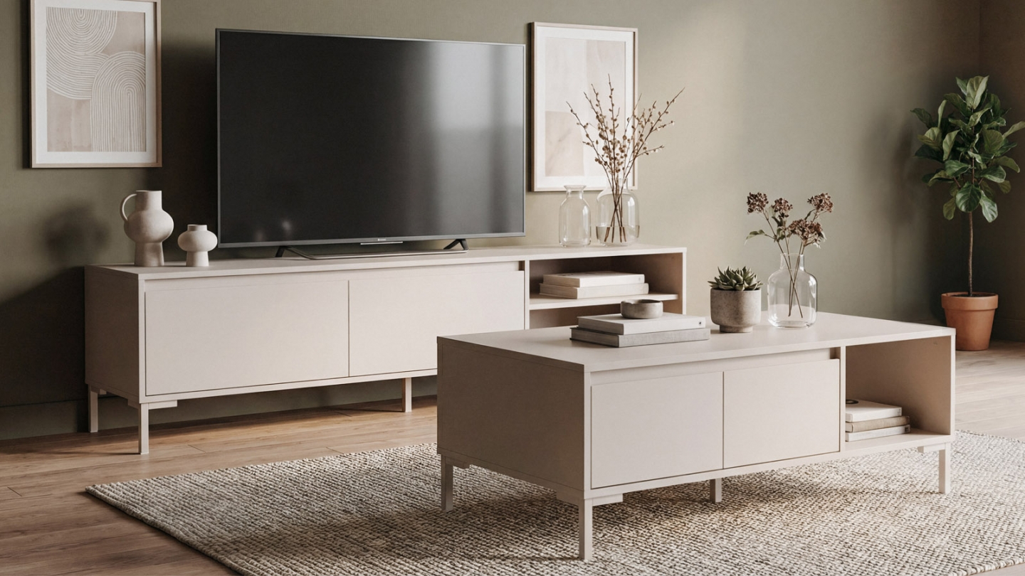 Table basse 2 portes 1 niche beige 100 cm - Ronda Table basse 2 portes 1 niche beige 100 cm - Ronda