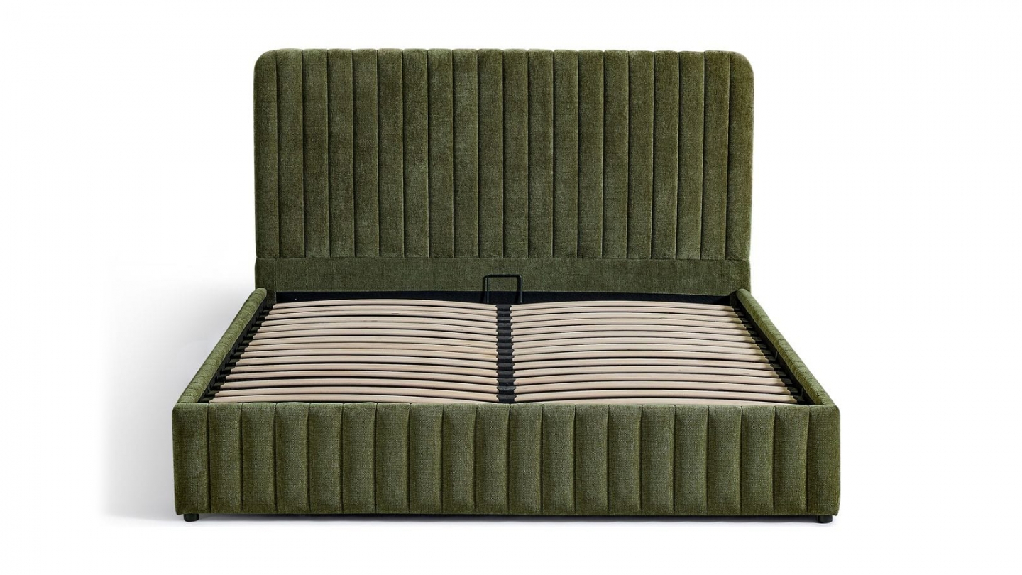 Lit coffre adulte 140x190 cm avec tête de lit capitonnée en tissu chenille vert kaki - Alto Lit coffre adulte 140x190 cm avec tête de lit capitonnée en tissu chenille vert kaki - Alto