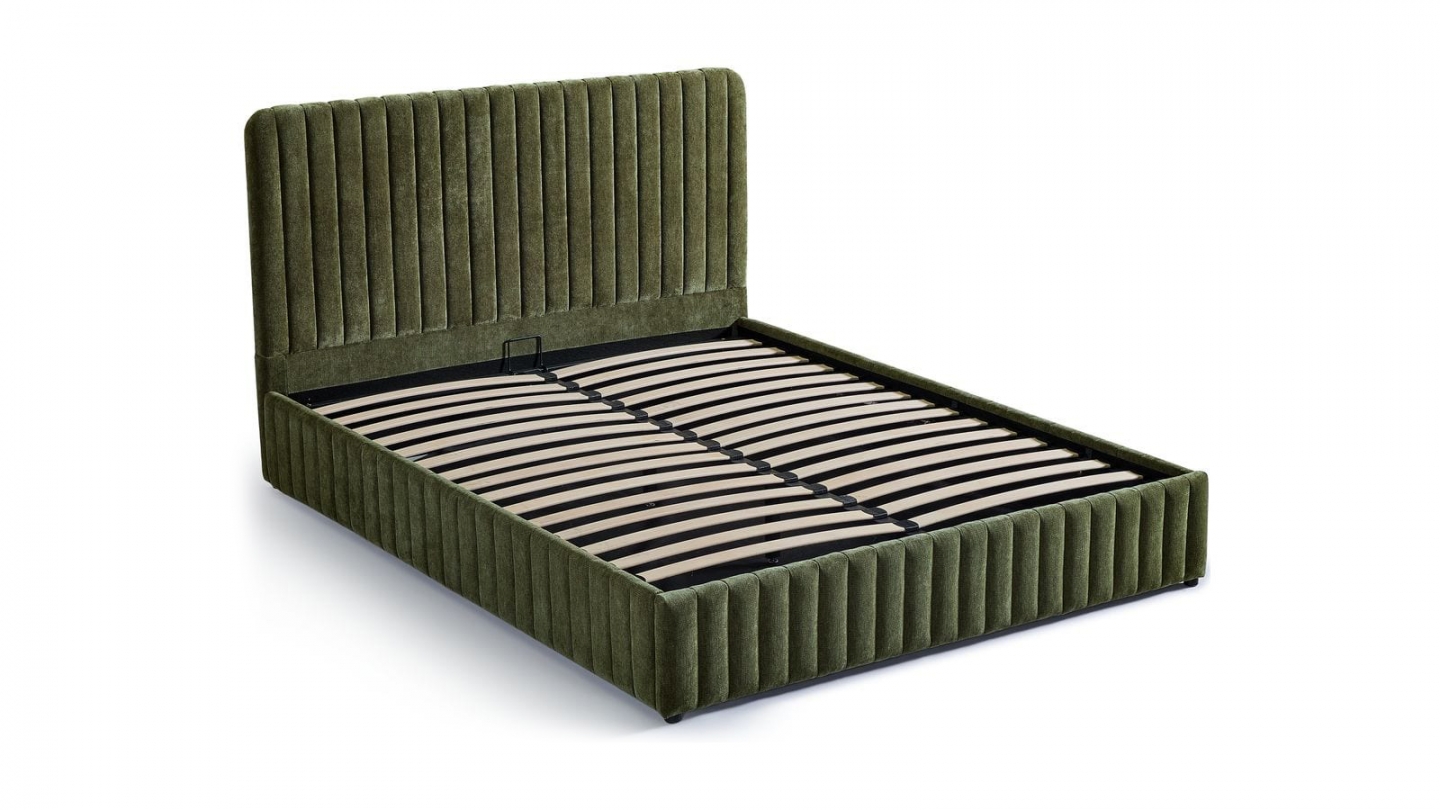 Lit coffre adulte 140x190 cm avec tête de lit capitonnée en tissu chenille vert kaki - Alto Lit coffre adulte 140x190 cm avec tête de lit capitonnée en tissu chenille vert kaki - Alto