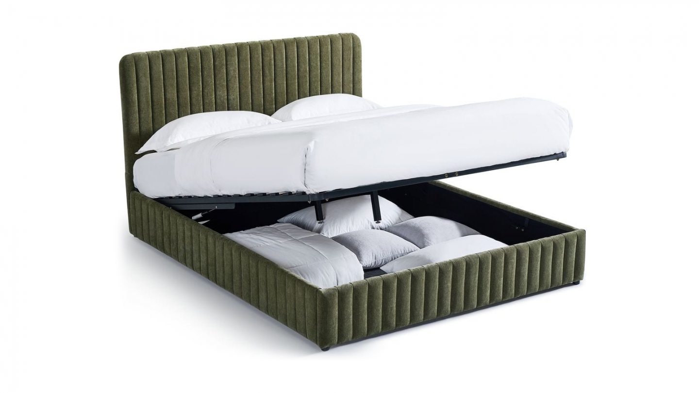Lit coffre adulte 140x190 cm avec tête de lit capitonnée en tissu chenille vert kaki - Alto Lit coffre adulte 140x190 cm avec tête de lit capitonnée en tissu chenille vert kaki - Alto