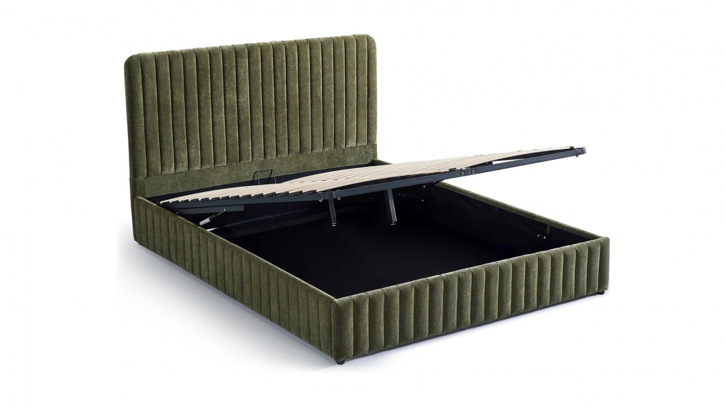 Lit coffre adulte 140x190 cm avec tête de lit capitonnée en tissu chenille vert kaki - Alto Lit coffre adulte 140x190 cm avec tête de lit capitonnée en tissu chenille vert kaki - Alto