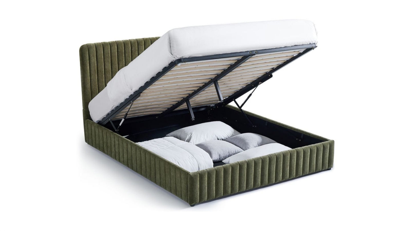 Lit coffre adulte 140x190 cm avec tête de lit capitonnée en tissu chenille vert kaki - Alto Lit coffre adulte 140x190 cm avec tête de lit capitonnée en tissu chenille vert kaki - Alto