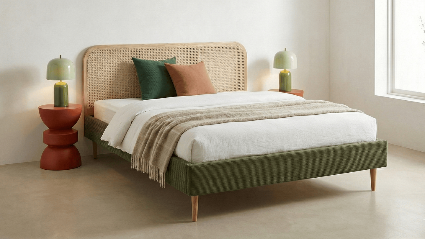 Ensemble Lit adulte 140x190 cm en velours côtelé vert kaki avec tête de lit en cannage Dalia + lot de 2 chevets Bali Ensemble Lit adulte 140x190 cm en velours côtelé vert kaki avec tête de lit en cannage Dalia + lot de 2 chevets Bali