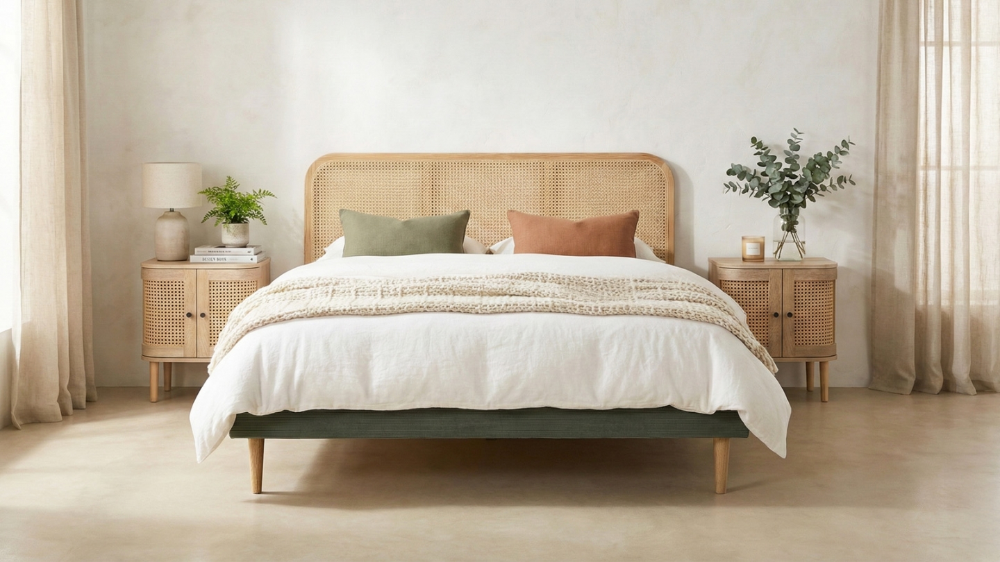 Ensemble Lit adulte 180x200 cm en velours côtelé vert kaki avec tête de lit en cannage Dalia + lot de 2 chevets Bali Ensemble Lit adulte 180x200 cm en velours côtelé vert kaki avec tête de lit en cannage Dalia + lot de 2 chevets Bali