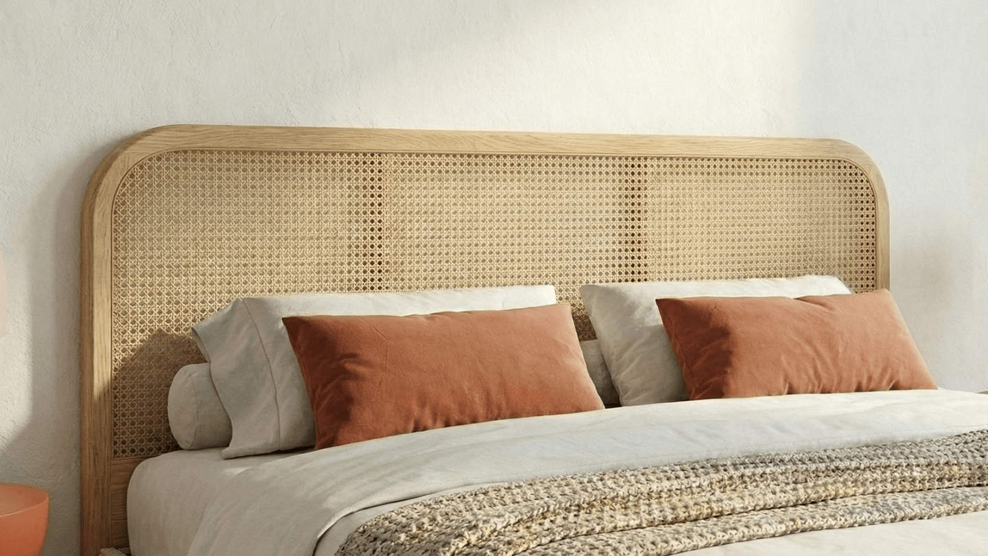 Ensemble Lit adulte 140x190 cm en velours côtelé beige avec tête de lit en cannage Dalia + lot de 2 chevets Bali Ensemble Lit adulte 140x190 cm en velours côtelé beige avec tête de lit en cannage Dalia + lot de 2 chevets Bali