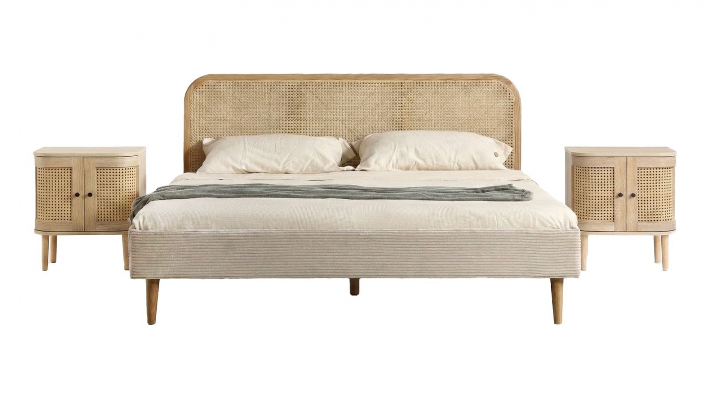 Ensemble Lit adulte 140x190 cm en velours côtelé beige avec tête de lit en cannage Dalia + lot de 2 chevets Bali Ensemble Lit adulte 140x190 cm en velours côtelé beige avec tête de lit en cannage Dalia + lot de 2 chevets Bali