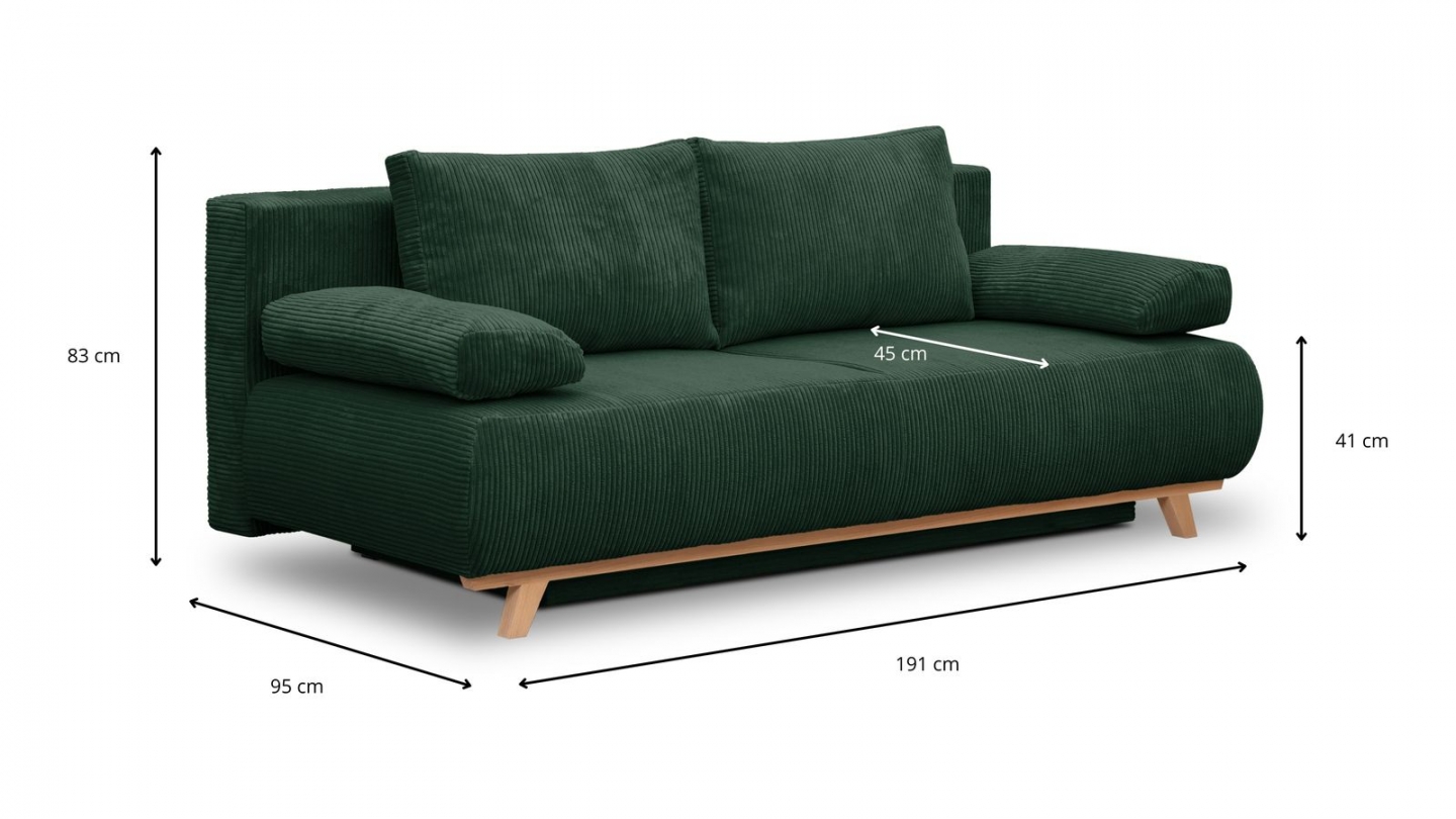 EN ARRET - Canapé convertible 3 places avec coffre de rangement en velours côtelé vert - Laria EN ARRET - Canapé convertible 3 places avec coffre de rangement en velours côtelé vert - Laria