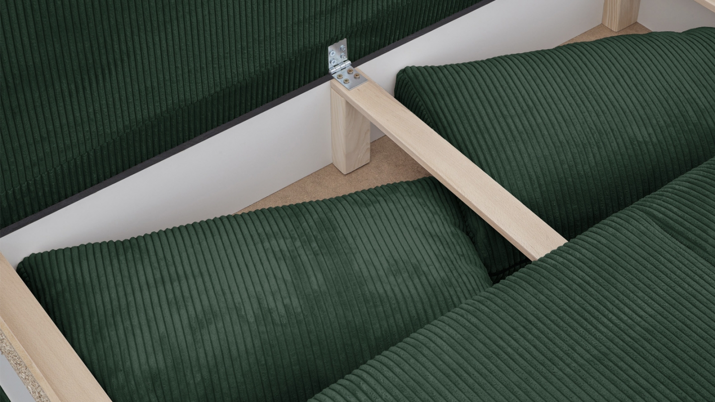 EN ARRET - Canapé convertible 3 places avec coffre de rangement en velours côtelé vert - Laria EN ARRET - Canapé convertible 3 places avec coffre de rangement en velours côtelé vert - Laria