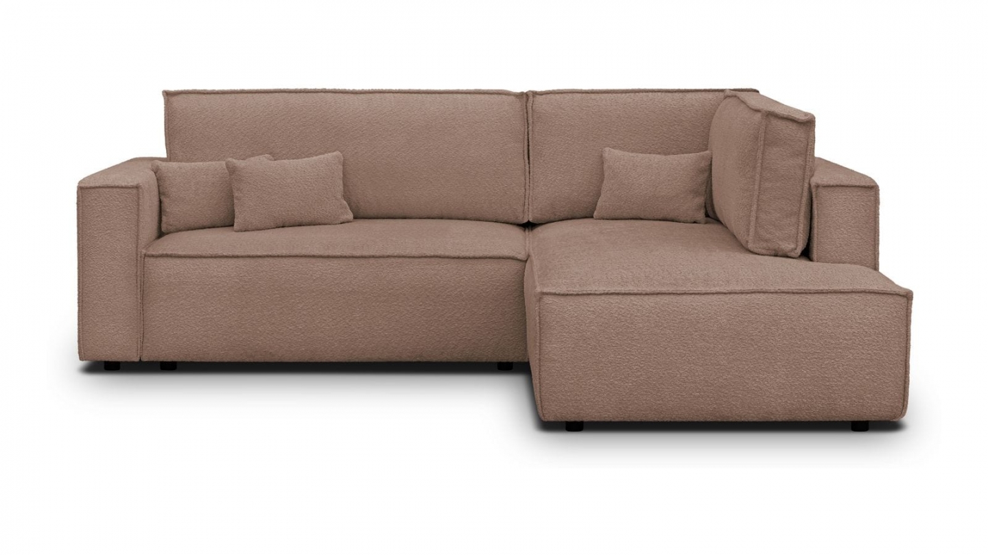 Canapé d'angle ouvert à droite convertible 3 places en tissu bouclé rose poudré - Emma Canapé d'angle ouvert à droite convertible 3 places en tissu bouclé rose poudré - Emma